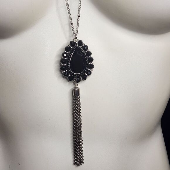 Cato Silver Tone & Black Teardrop & Tassel Necklace - Picture 2 of 3